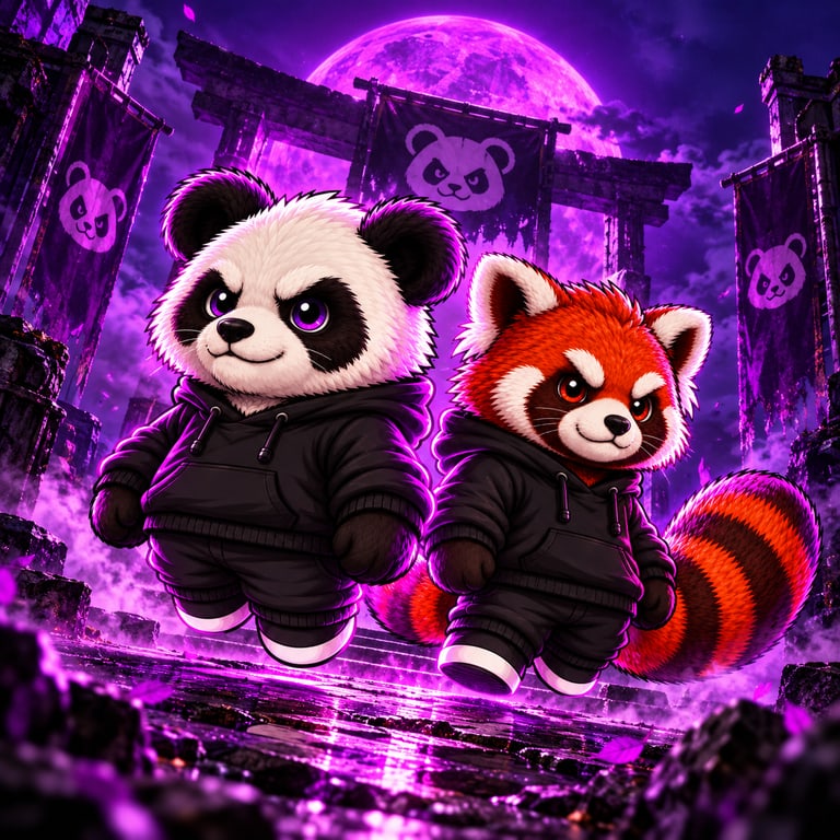 Classic Panda and Red Panda in matching black hoodies stand side by side in front of a moonlit purple temple gate.