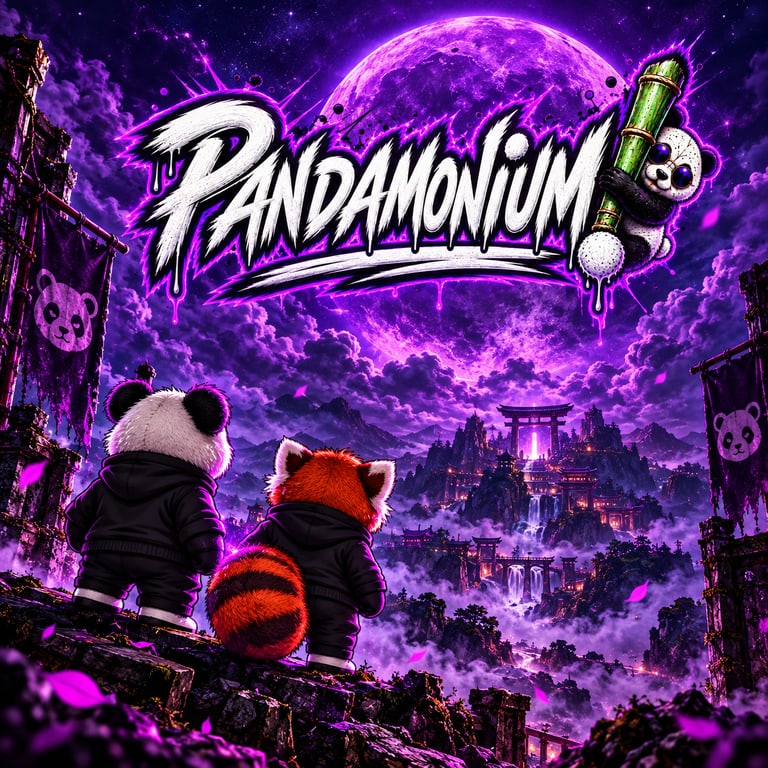 Classic Panda and Red Panda in black hoodies look out from a ruined temple over a misty purple valley under a giant moon, beneath the PANDAMONIUM wordmark.